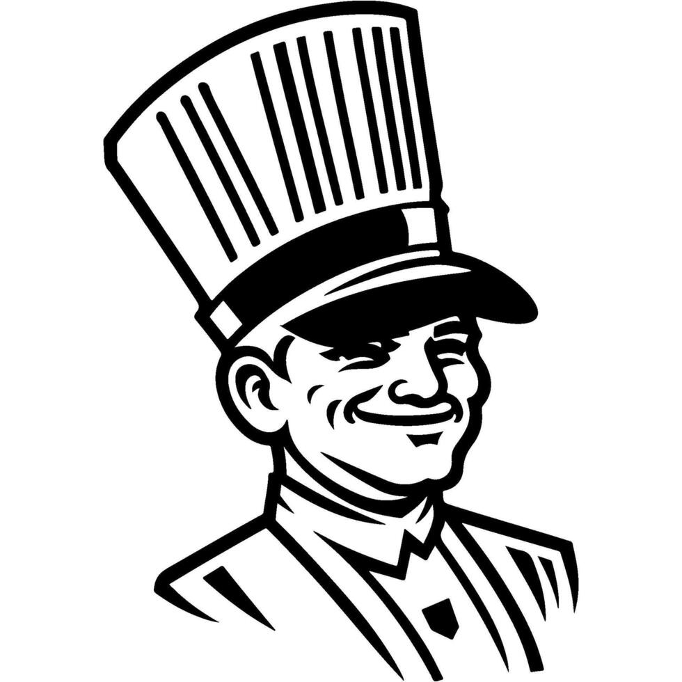 Sketchy portrait of cheerful man in old fashioned headdress of train conductor or street police inspector in monochrome. Engraving minimalistic image in black ink drawing on white background vector