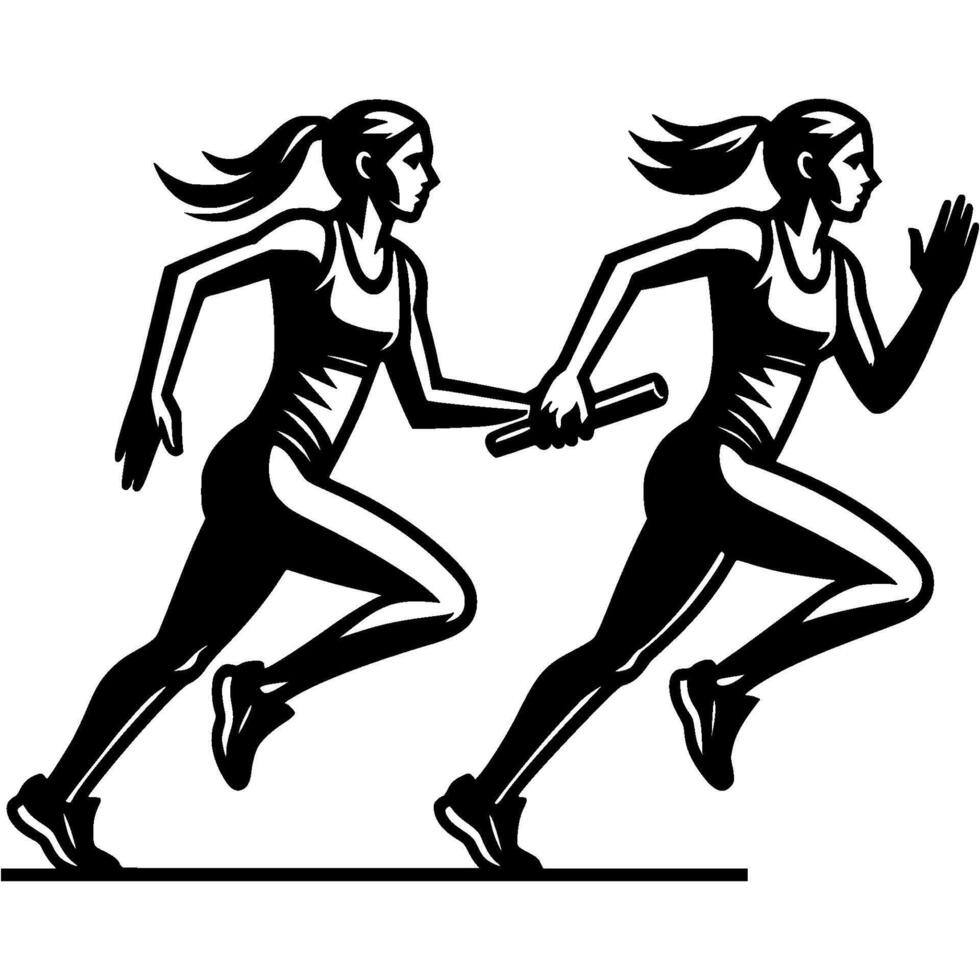 Sport emblem of female track and field athletes pass baton to each other as pass finishing circle in monochrome. Engraving minimalistic image in black ink drawing on white background vector
