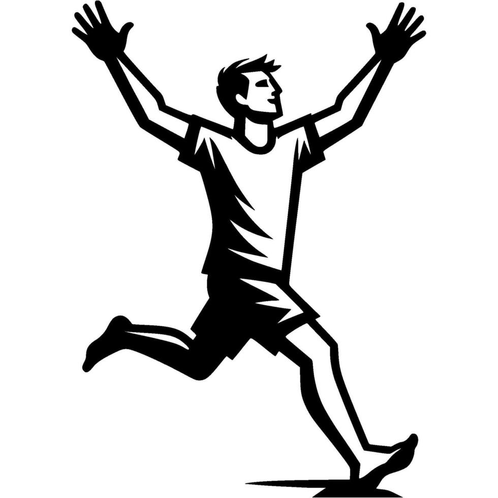 Tattoo emblem of beach soccer team striker runs victoriously with his hands raised in monochrome. Engraving minimalistic image in black ink drawing on white background vector