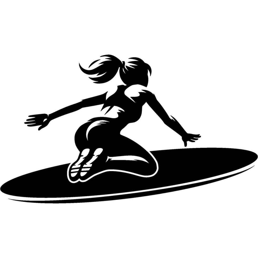 Sport emblem of sportswoman surfer swims kneeling on surfboard in monochrome. Engraving minimalistic image in black ink drawing on white background vector