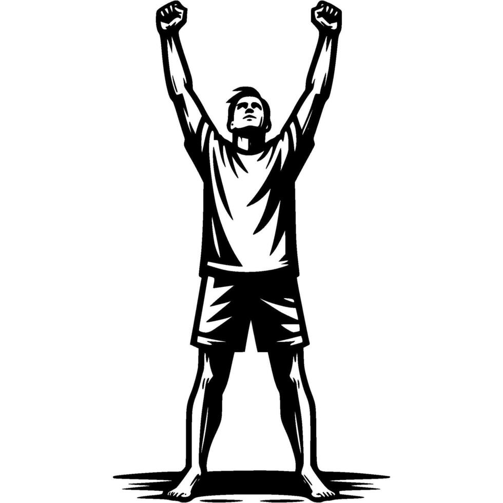 Tattoo emblem of beach soccer player throws his hands up in victory in monochrome. Engraving minimalistic image in black ink drawing on white background vector