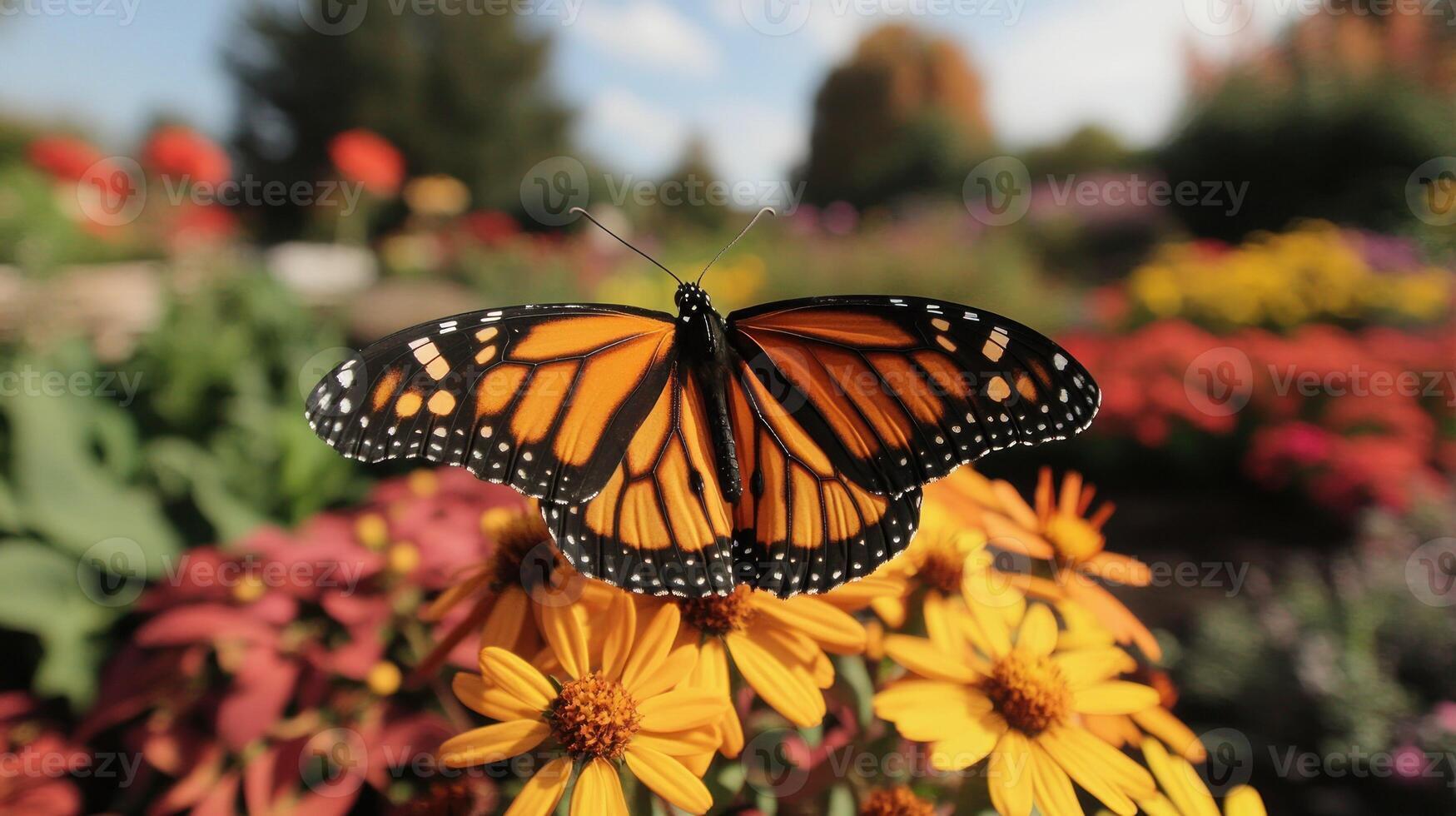 Monarch butterfly perched on yellow flowers in a vibrant garden. photo