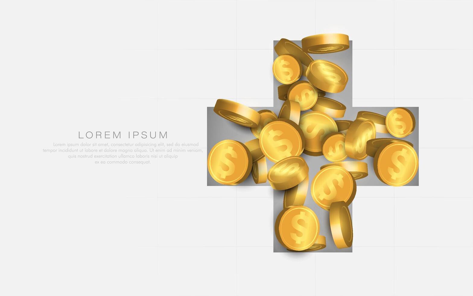 Golden Coins Overflowing from Box in Plus Shape on Light Background vector
