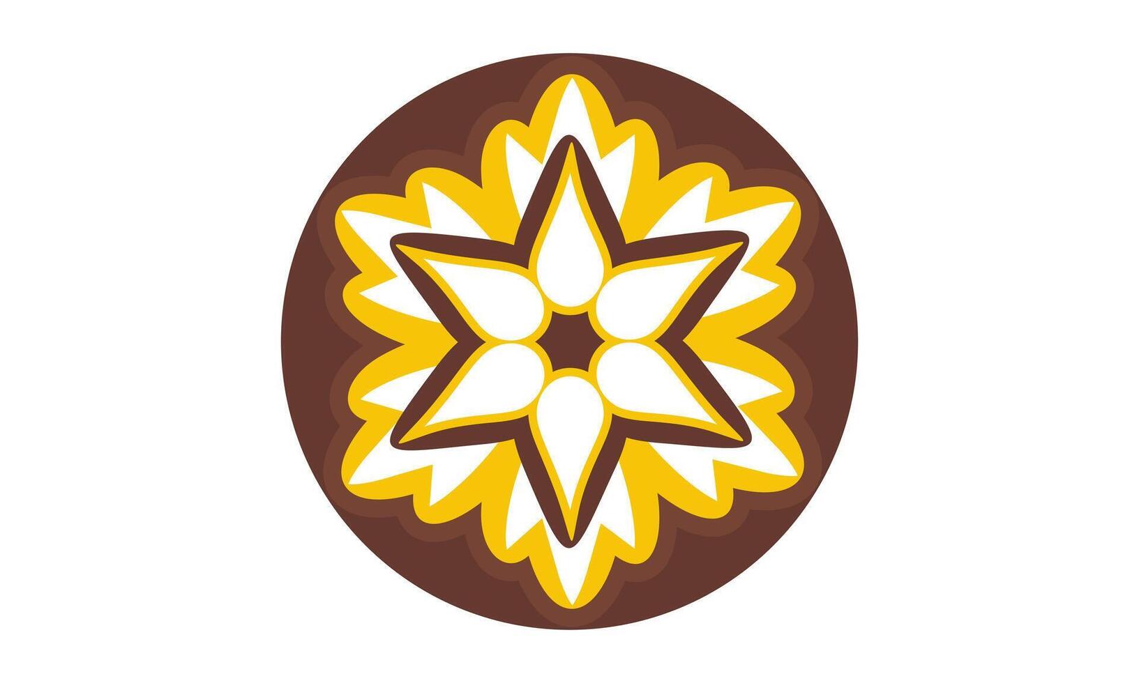 Abstract Floral Icon with Six Petals in Brown, Yellow, and White on Circular Background vector