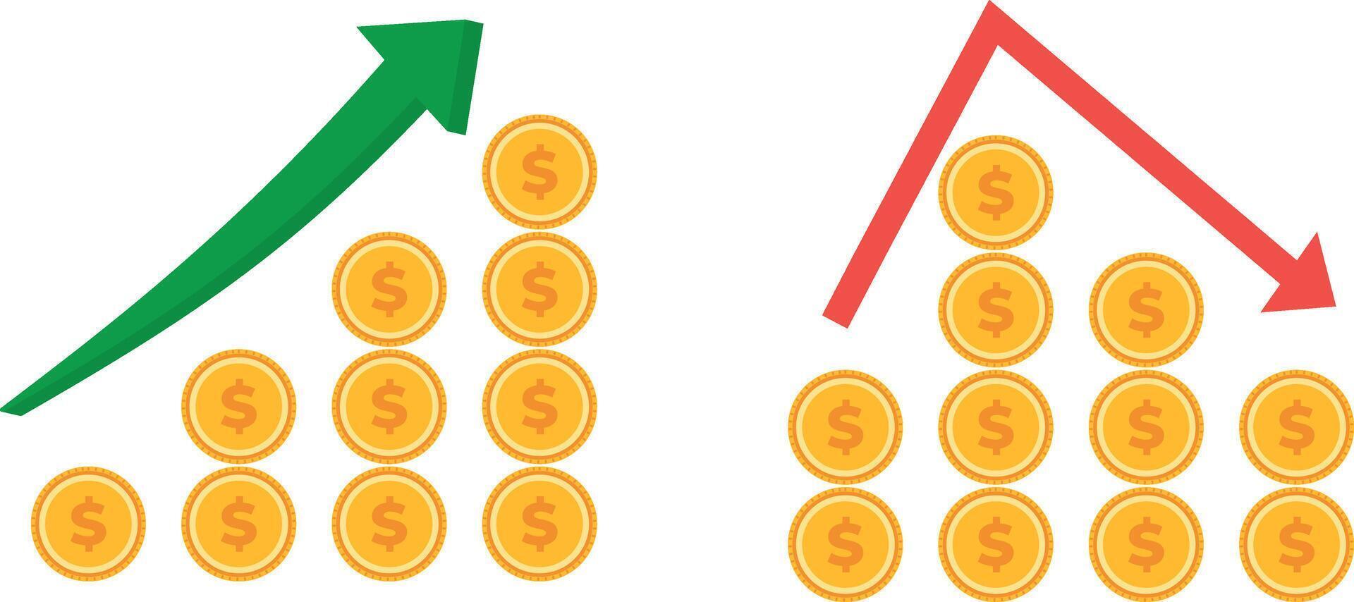 Money Growth and Decrease Icons with Coins and Up Down Arrows vector