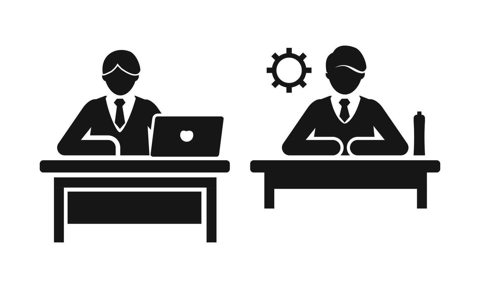 Teamwork Icon with Two Businessmen, Computers, and Gear Mechanism vector