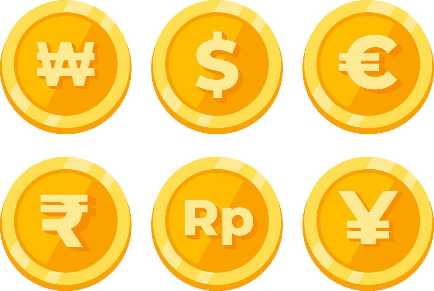 Collection of Global Money Coin Symbols in Golden Flat Design vector