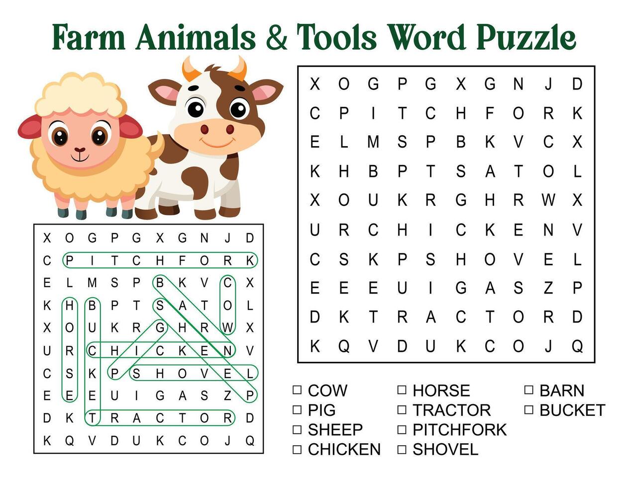 Farm Animals, Tools Word Puzzle for kids vector