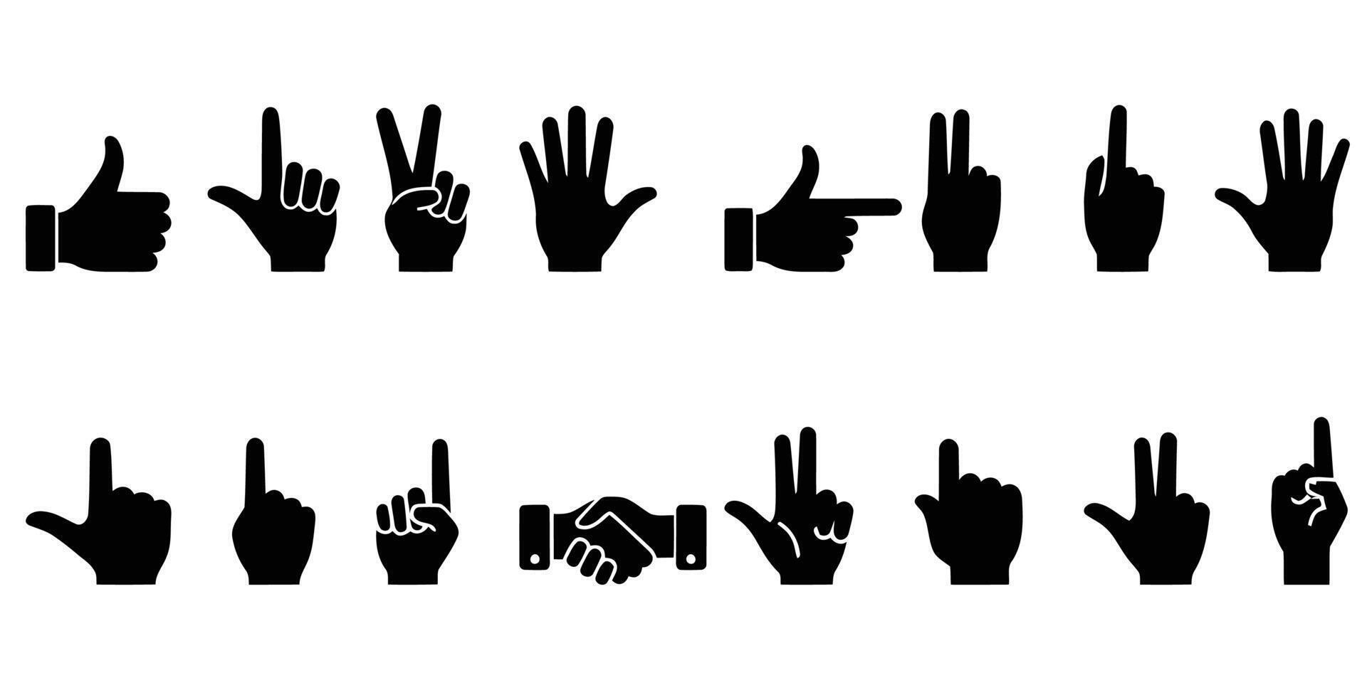 Black Hand Gesture Icons Set Peace Sign, Thumbs Up, Pointing, Fist, and Handshake Silhouettes vector