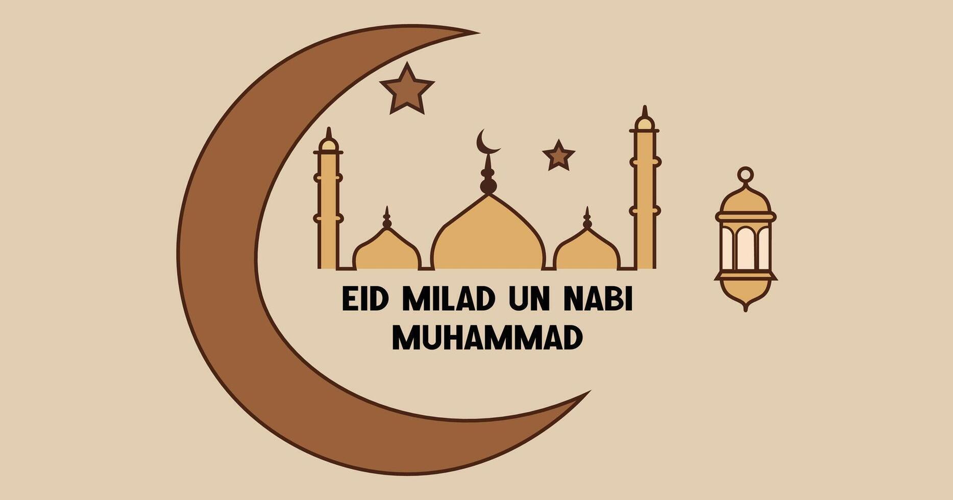 Eid Milad un Nabi mosque illustration with crescent moon, Islamic lantern, and stars vector