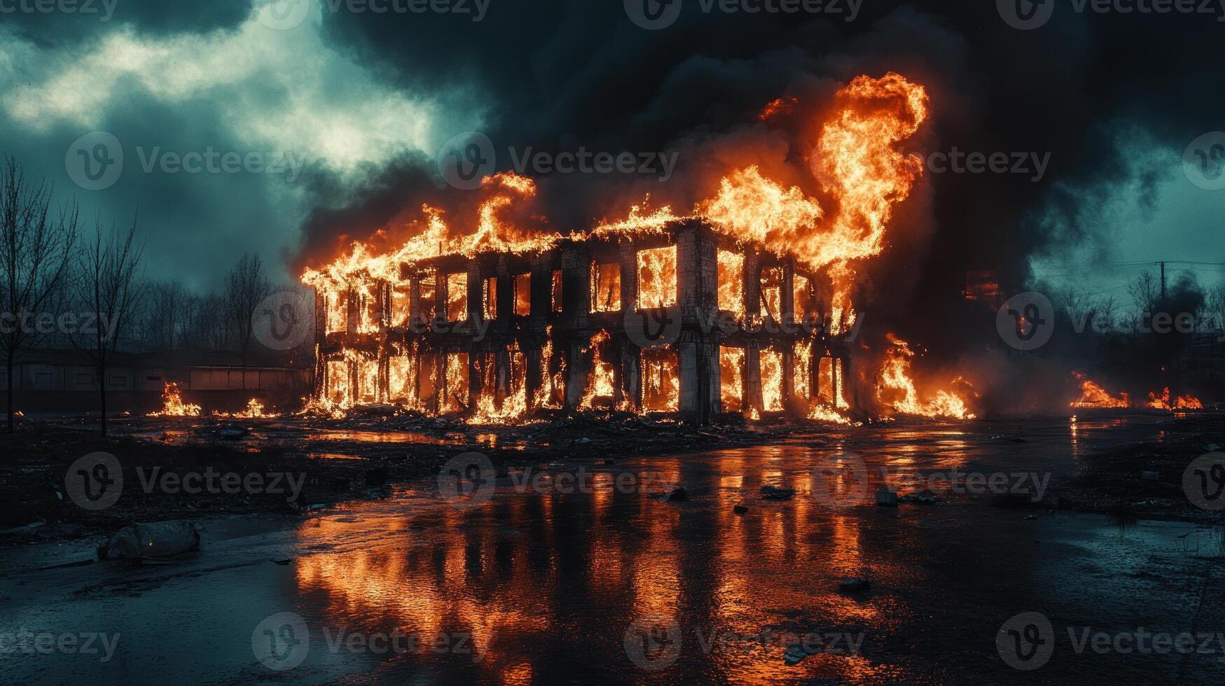 Burning building reflecting in flooded street at night photo
