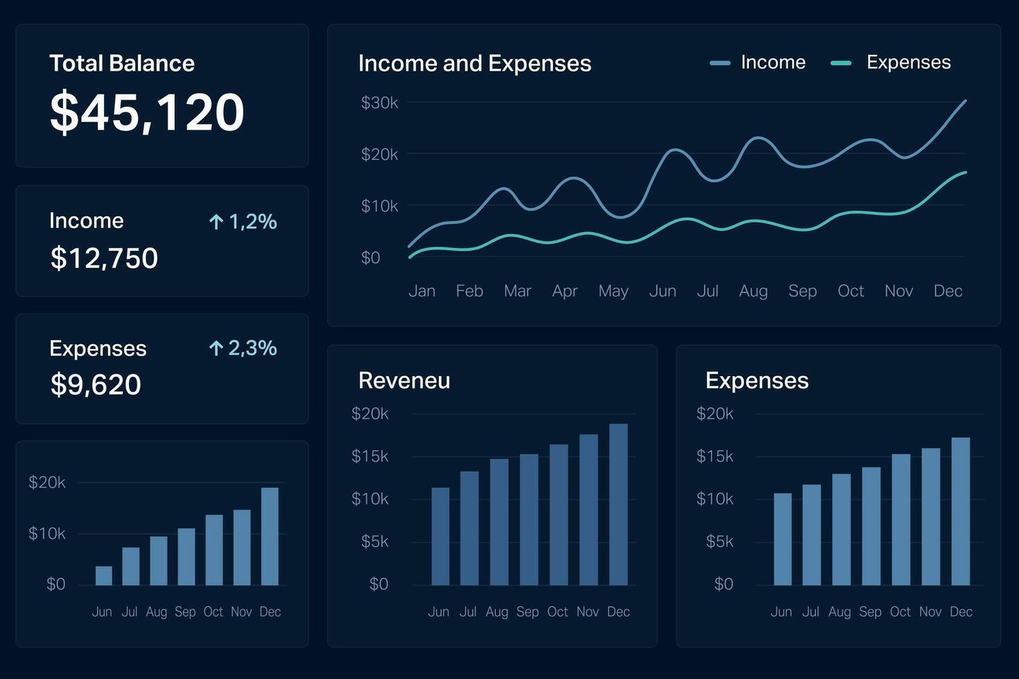 Professional financial dashboard with charts and performance metrics vector
