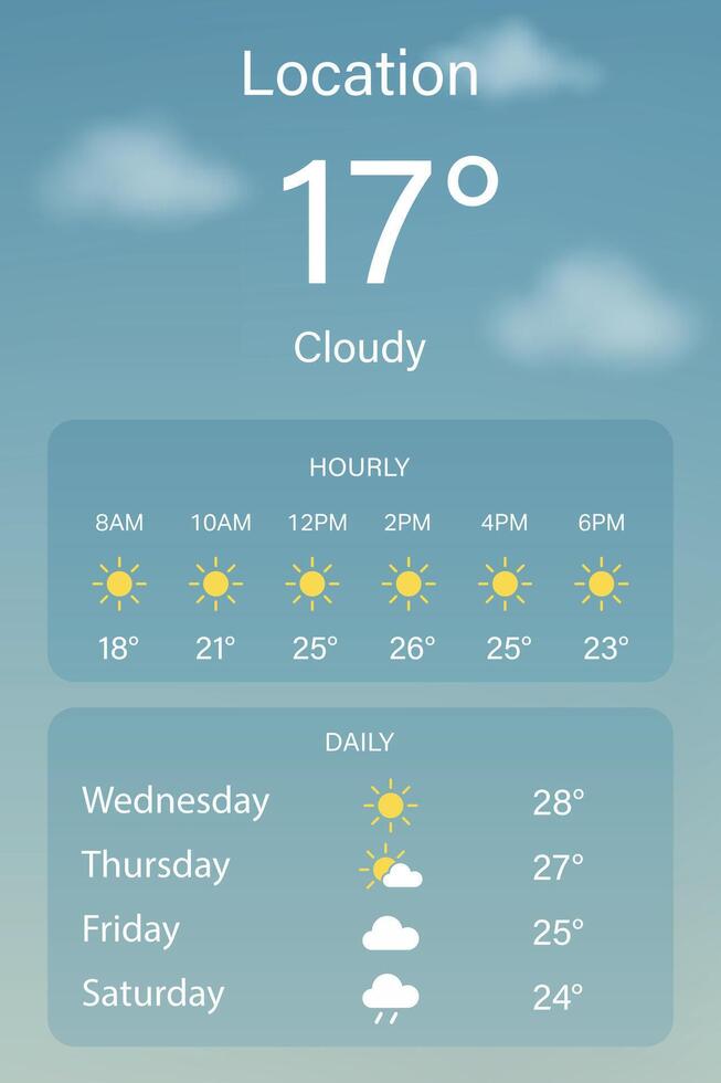 Weather App Interface Showing Forecast, Temperature, Icons vector