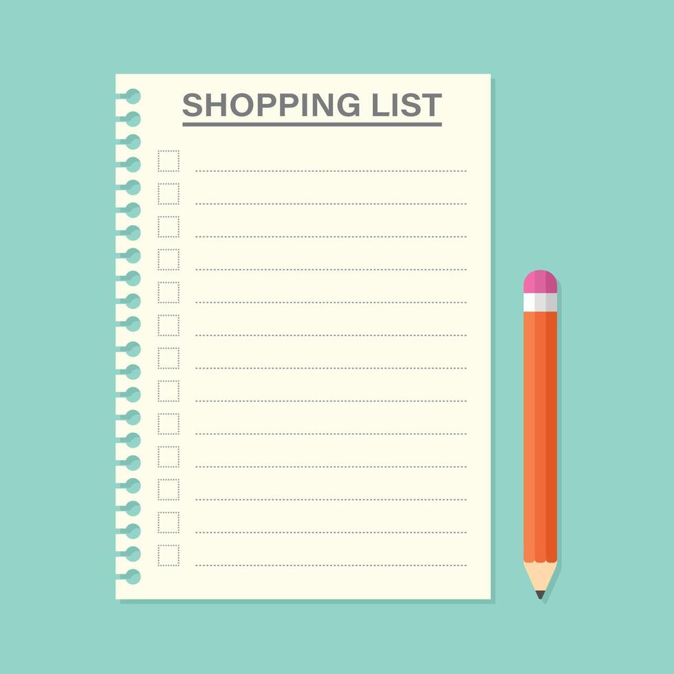 Shopping list with pencil and notepad on blue background vector