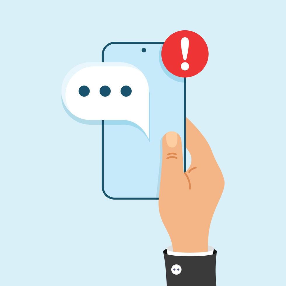 Hand holding smartphone with speech bubble and red exclamation mark vector