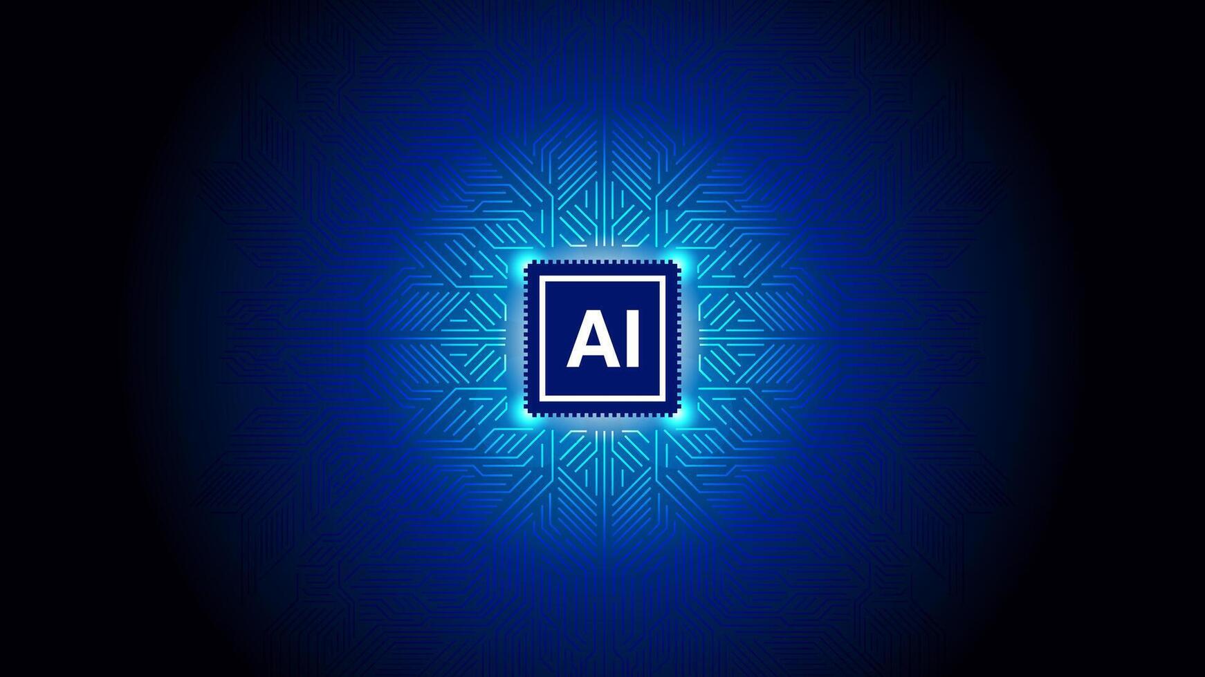 Artificial intelligence AI cyber background. Brightly glowing AI chip on light circuit board on technology blue background. CPU processor or semiconductor on tech bg. Computer microchip on motherboard vector