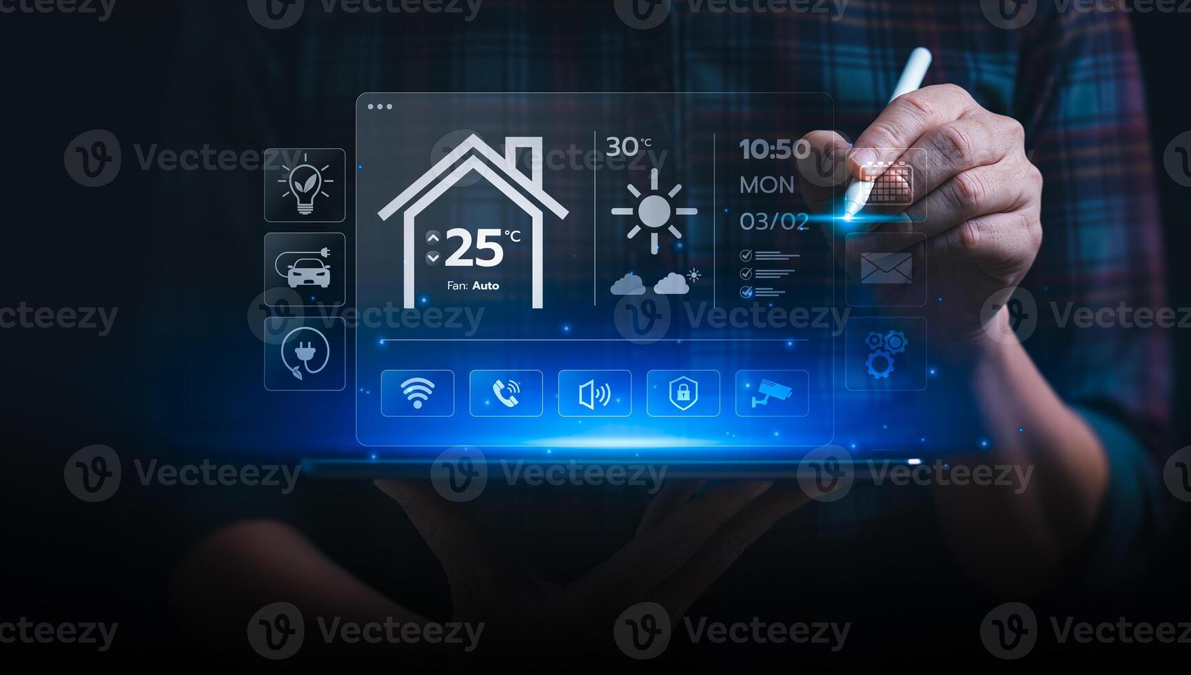 Businessman Using Smart Home Interface on Transparent Screen to Control Temperature, Lighting, and Smart Devices with Innovative Home Automation Technology for Comfort and Energy Efficienc photo