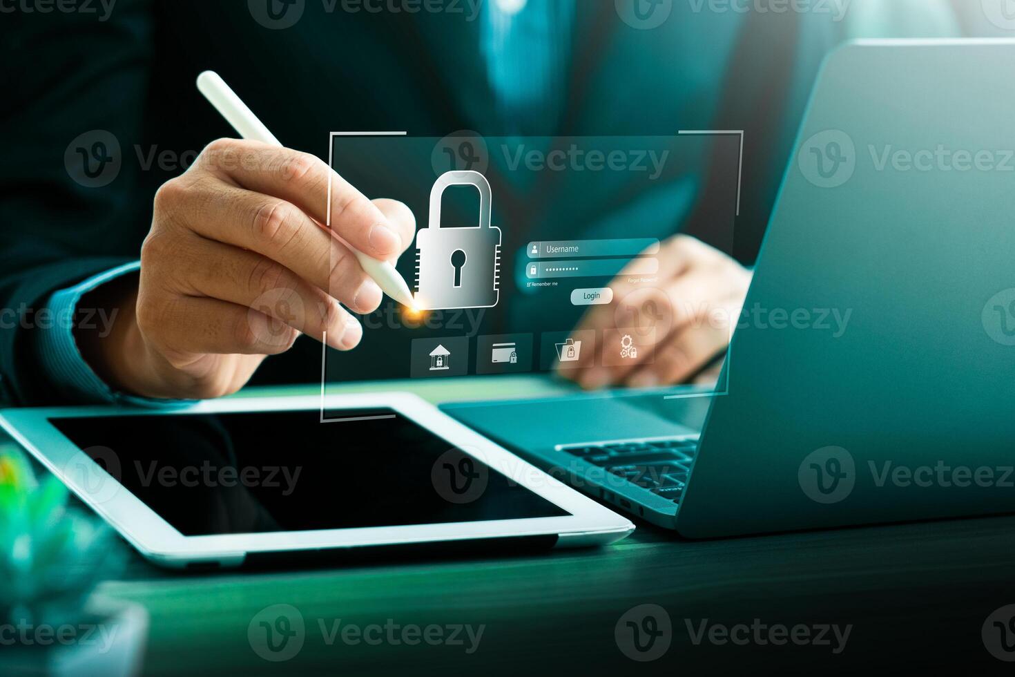 Businessman Using Stylus for Digital Login with Secure Padlock Icon, Emphasizing Cybersecurity, Data Protection, and Access Authentication in a Technology Driven Workspace photo