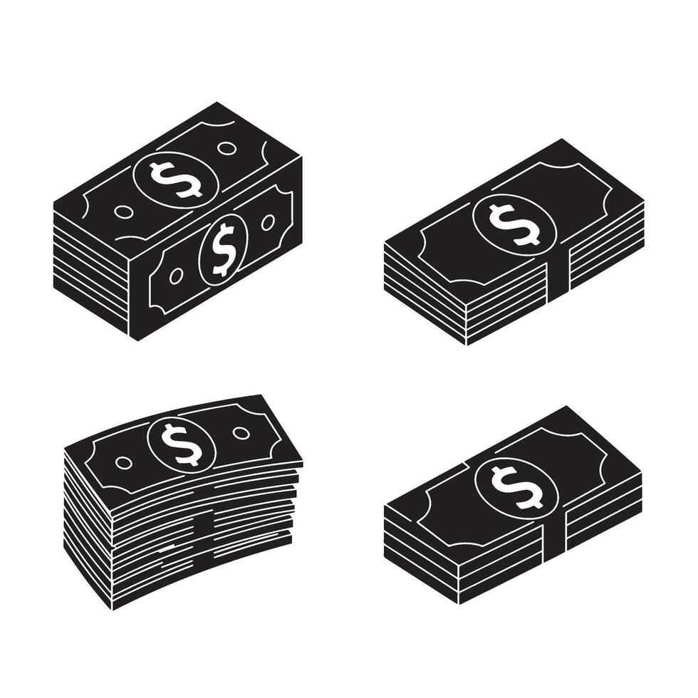 Dollar taka silhouette illustration 4 set design featuring bold finance icons for digital banking currency exchange mobile payments savings planning and financial app interface use vector