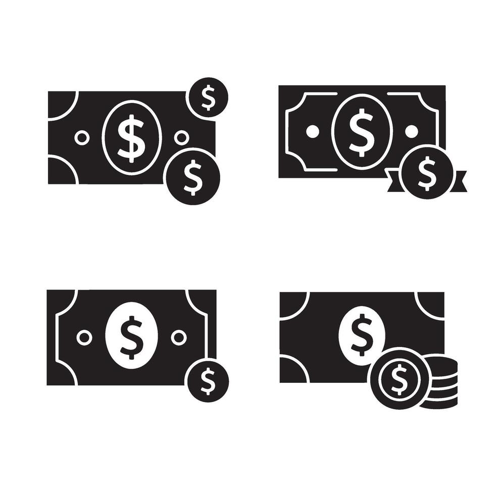 Black dollar taka silhouette illustration 4 set design used for currency conversion tools banking websites savings goals investment tracking and digital financial products vector