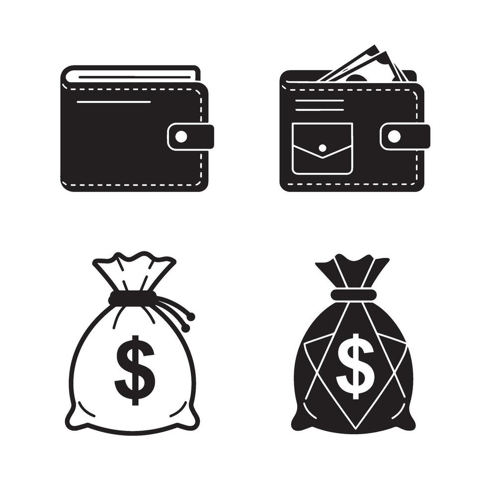 Graphic leather wallet money bag silhouette 4 set design showing secure money symbol icons for mobile banking digital finance investment budget and business transaction visuals vector
