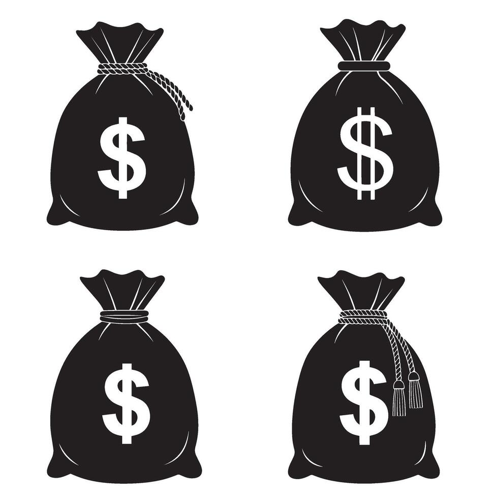 Creative Doller icon money bag silhouette illustration 4 set design with flat financial symbols used in investment tools banking apps secure payment system and digital economy themes vector