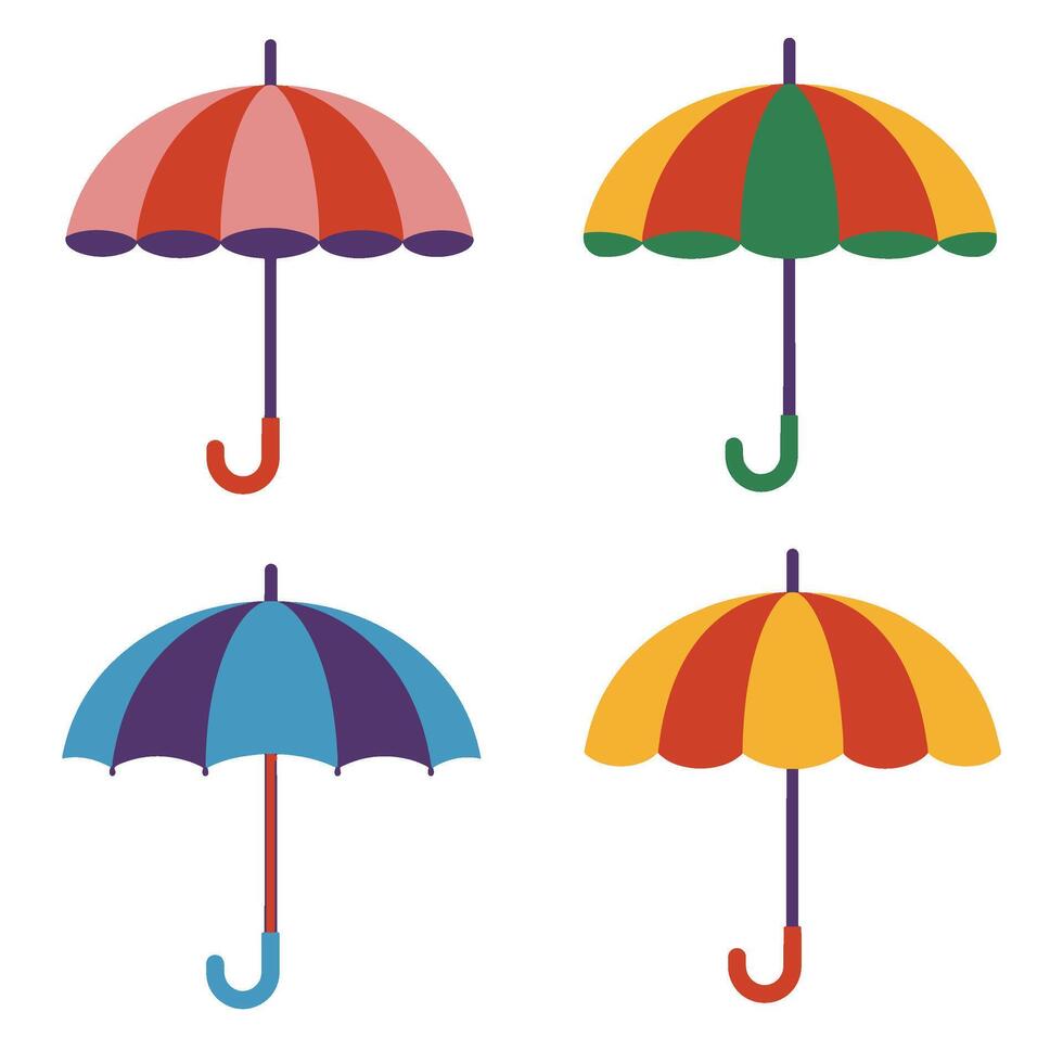 Colorful umbrella illustration 4 set design showing fun seasonal rain icons with flat design style perfect for educational material weather forecast travel art and rainy day decorations vector