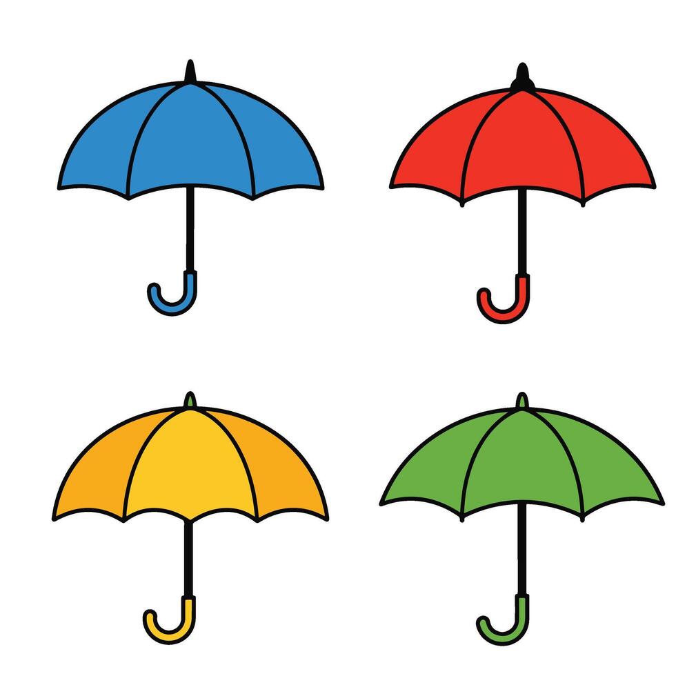 Colorful umbrella illustration 4 set design featuring bright weather protection icons with playful style perfect for rainy season graphic design forecast visuals and children cartoon elements vector