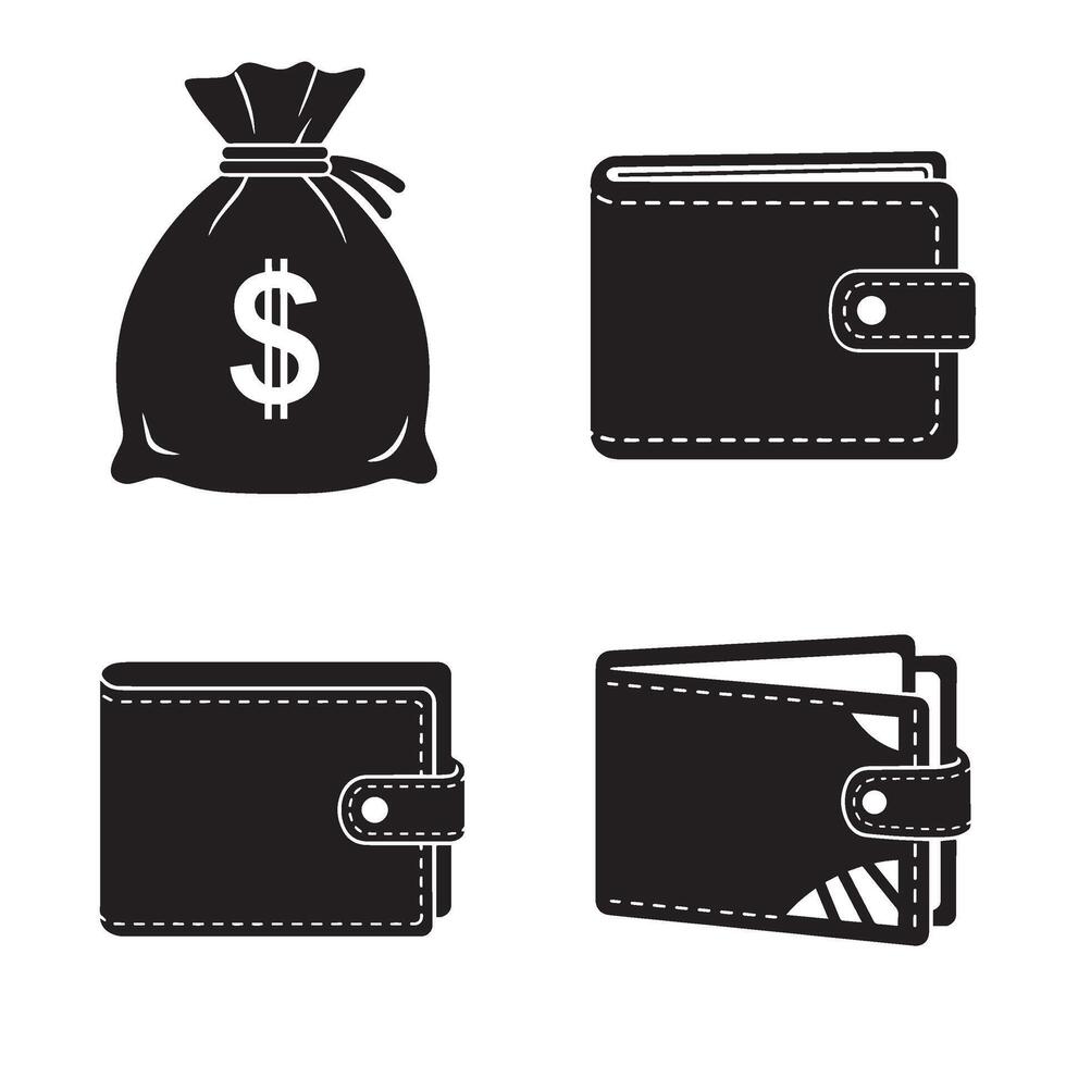 Leather wallet money bag silhouette 4 set design with clean modern finance icon elements ideal for savings banking mobile finance and secure transaction graphic illustrations vector