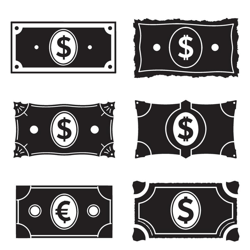 High contrast dollar taka silhouette illustration 4 set design showing economic icons for financial systems business branding mobile wallet apps and personal budgeting use vector