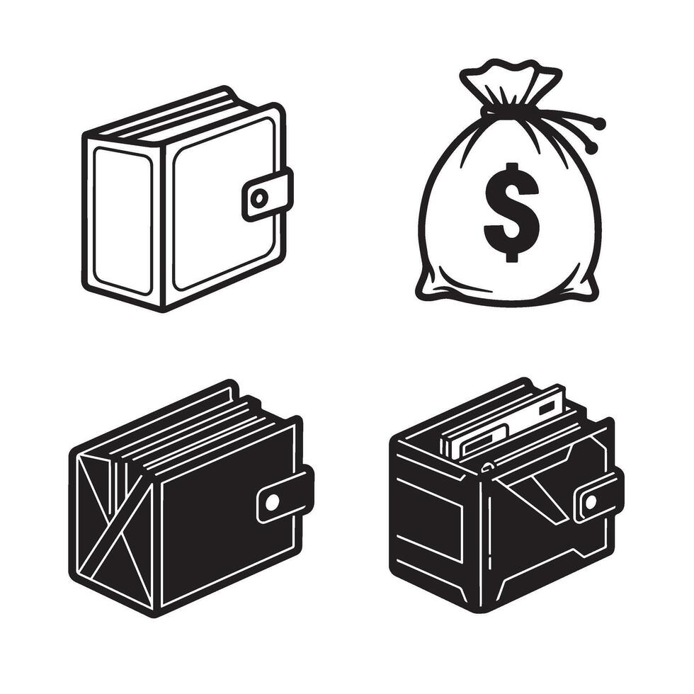 Flat leather wallet money bag silhouette 4 set design including bold icon elements for finance services savings mobile money storage digital transaction and wallet branding use vector