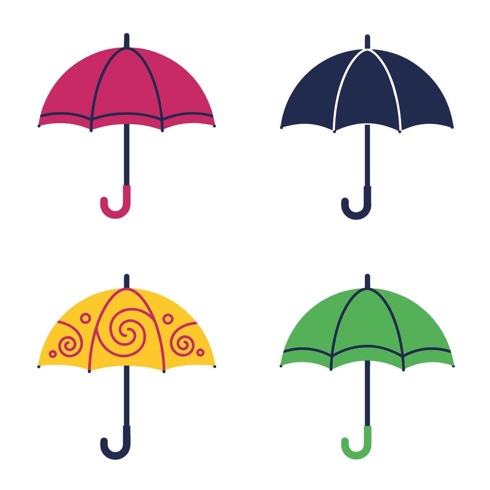 Bright colorful umbrella illustration 4 set design featuring seasonal rain protection symbols suitable for forecast graphic icon pack kids education clipart and monsoon decor visuals vector