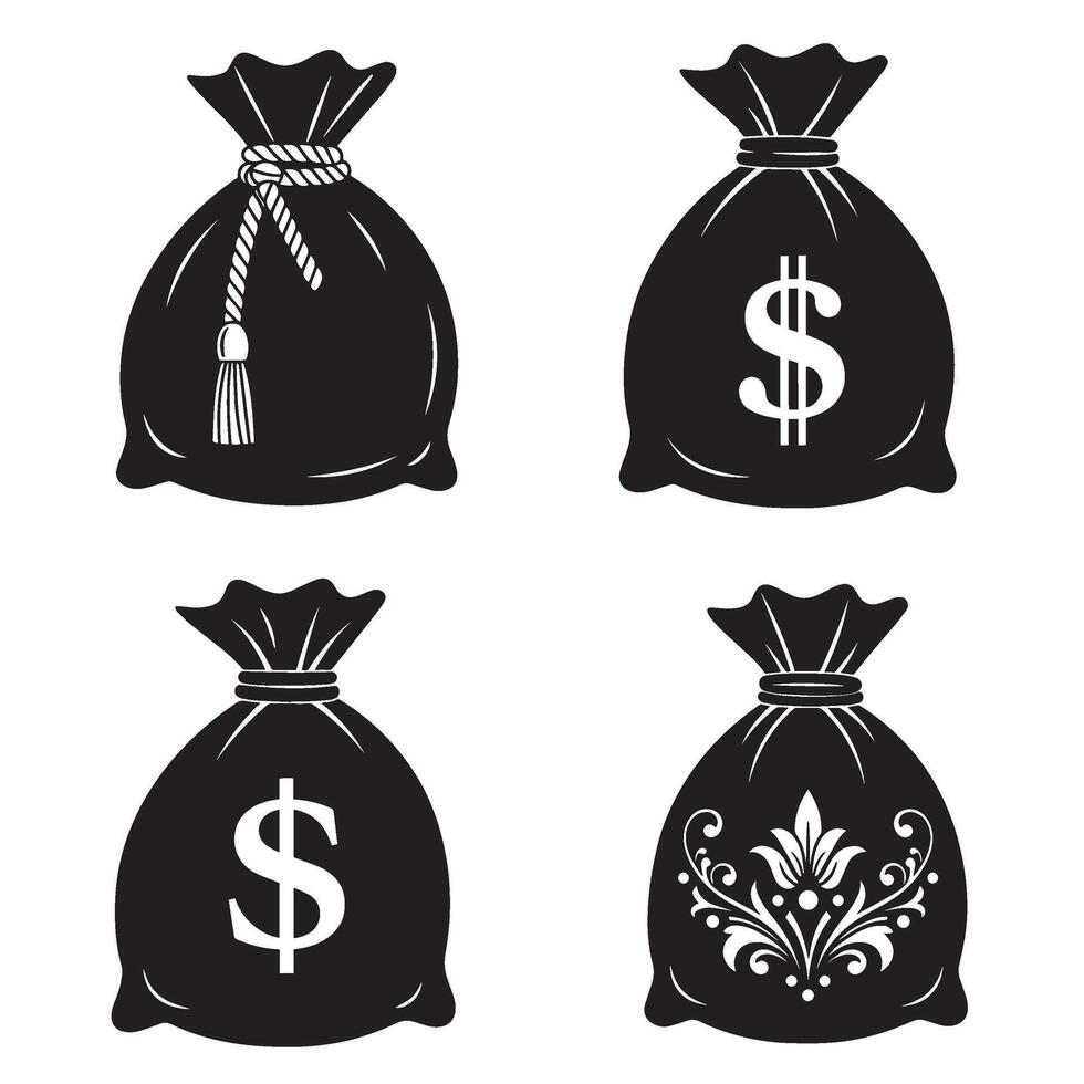 Bold Doller icon money bag silhouette illustration 4 set design with black symbols for fintech business financial growth savings planner and secure digital transaction visuals vector