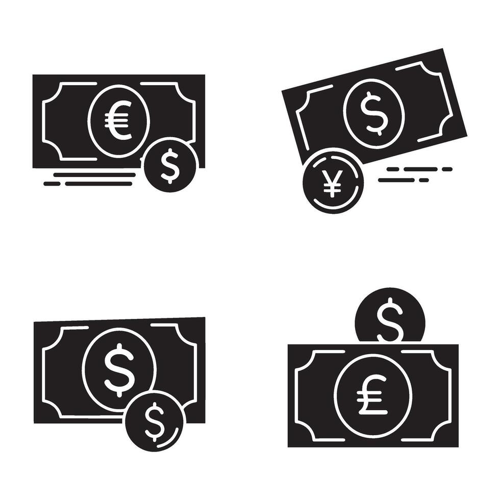 Clean dollar taka silhouette illustration 4 set design showing black money symbols used in global finance mobile wallet international banking and business application graphics vector