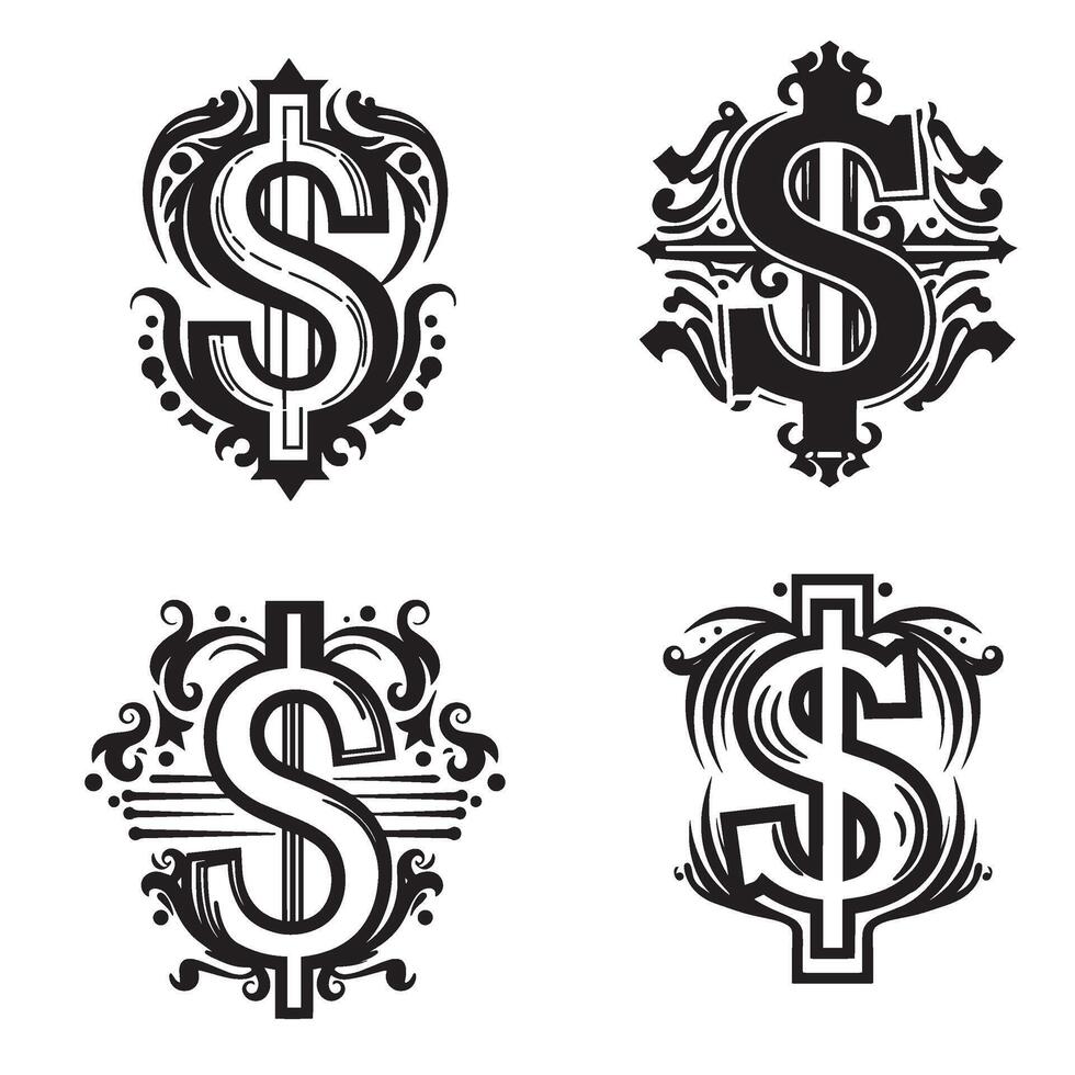 Premium dollar business company logo symbol silhouette illustration 4 set design featuring clean icons for corporate finance savings apps and online payment gateway branding vector