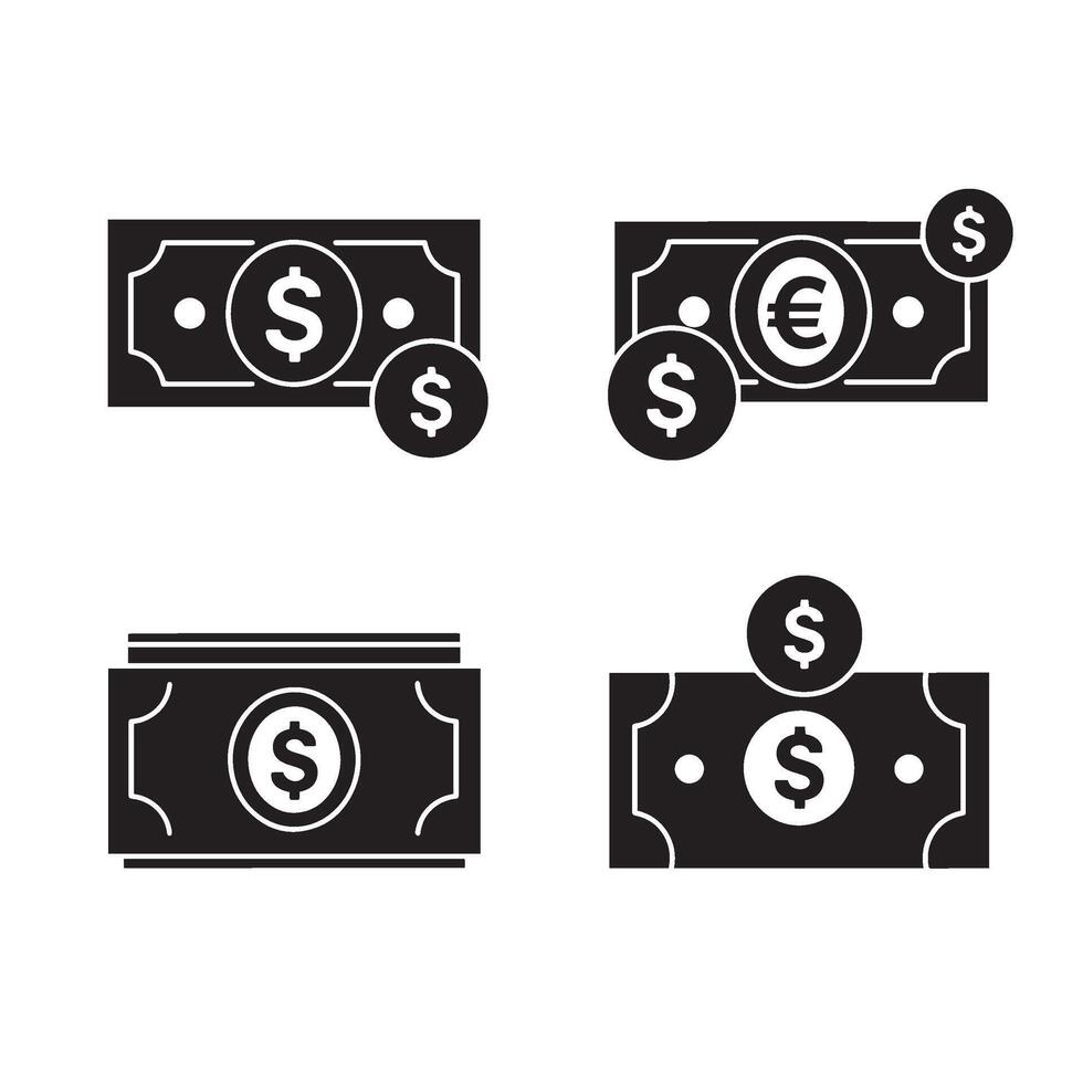 Dollar taka silhouette illustration 4 set design with flat black shapes for economic software interface banking management currency exchange savings planner and fintech services vector