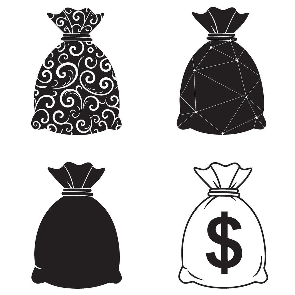 Clean Doller icon money bag silhouette illustration 4 set design with flat style vectors illustrations perfect for financial icons banking platform savings and digital wallet branding
