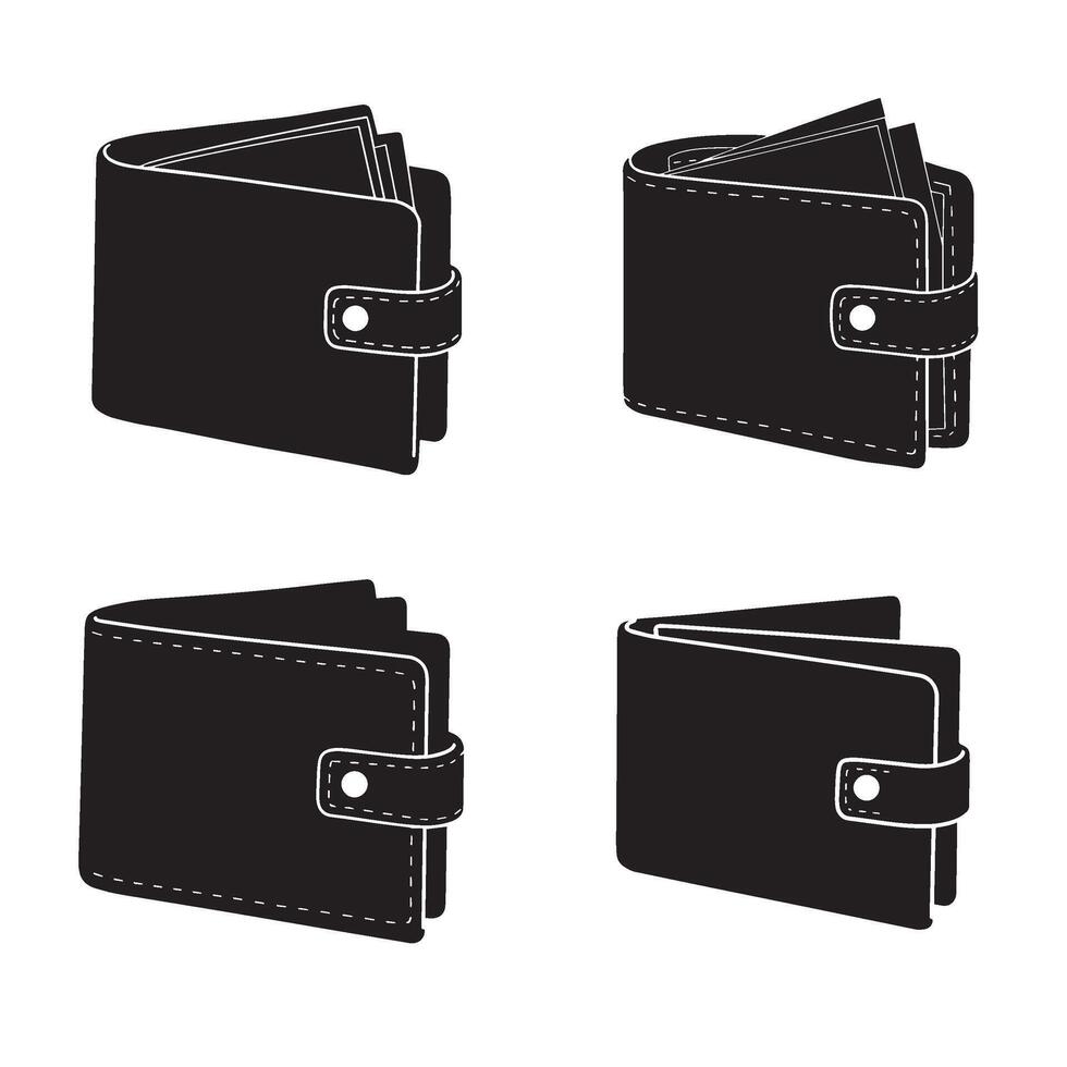 Leather wallet money bag silhouette 4 set design includes flat black icon shapes ideal for finance banking e wallet mobile payments savings and personal budget management design projects vector