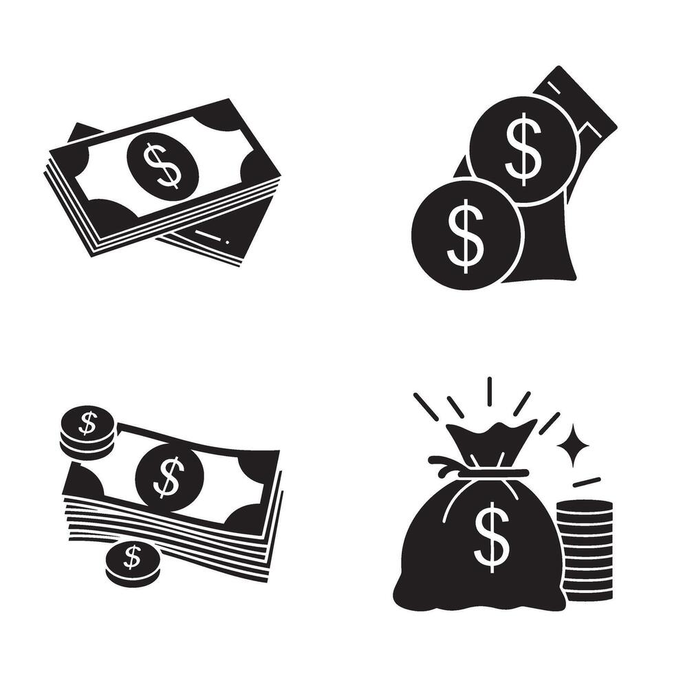 Flat dollar taka silhouette illustration 4 set design great for digital finance services user dashboards mobile banking layouts and international currency marketing visuals vector