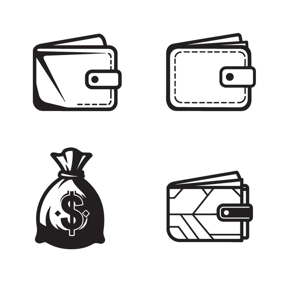 Leather wallet money bag silhouette 4 set design useful for financial business icon collection payment processing secure digital finance mobile wallet and cash transaction branding vector