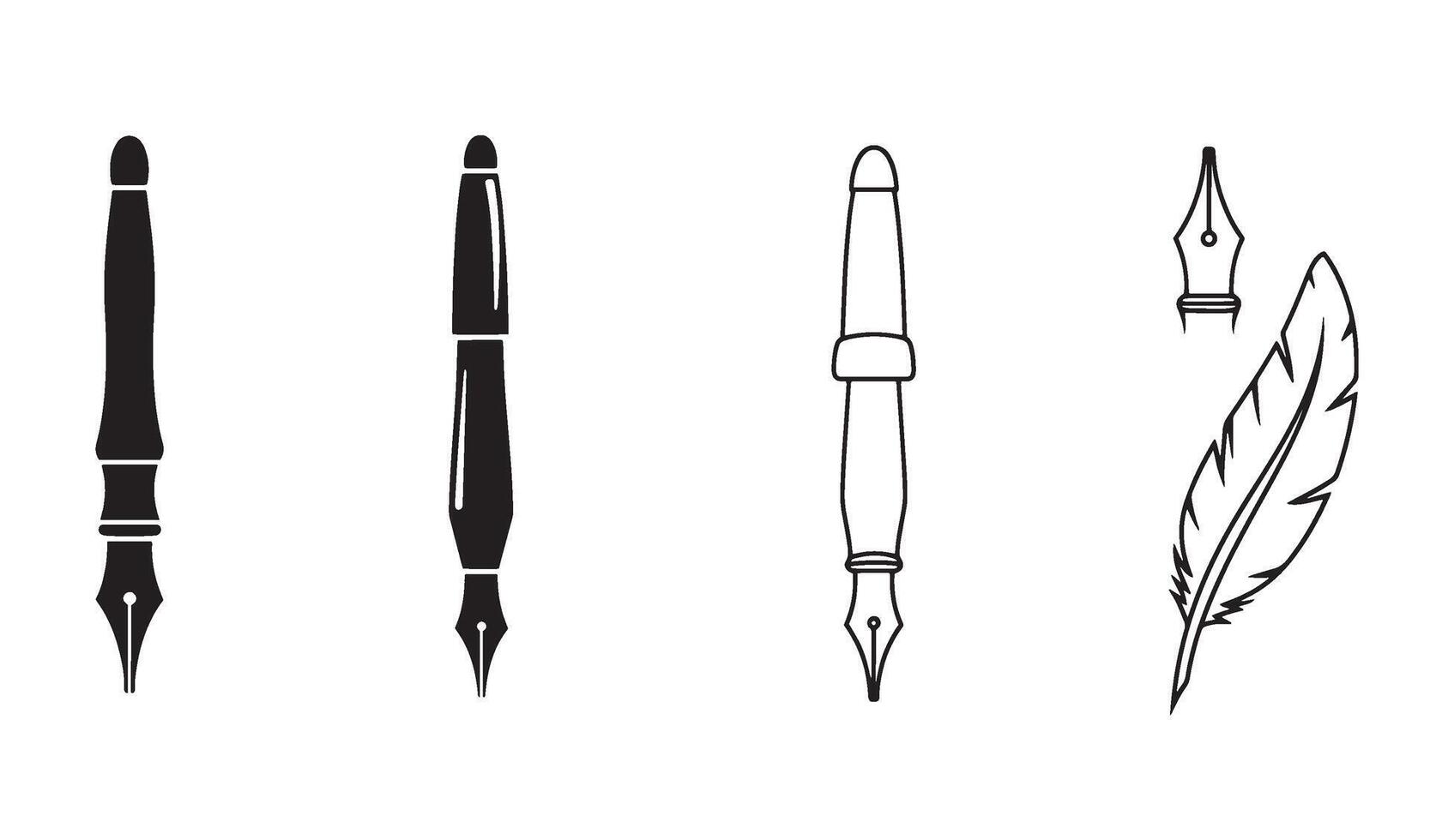 Pen quill logo set signature identity symbols in silhouette art for publishing or writing studio vector