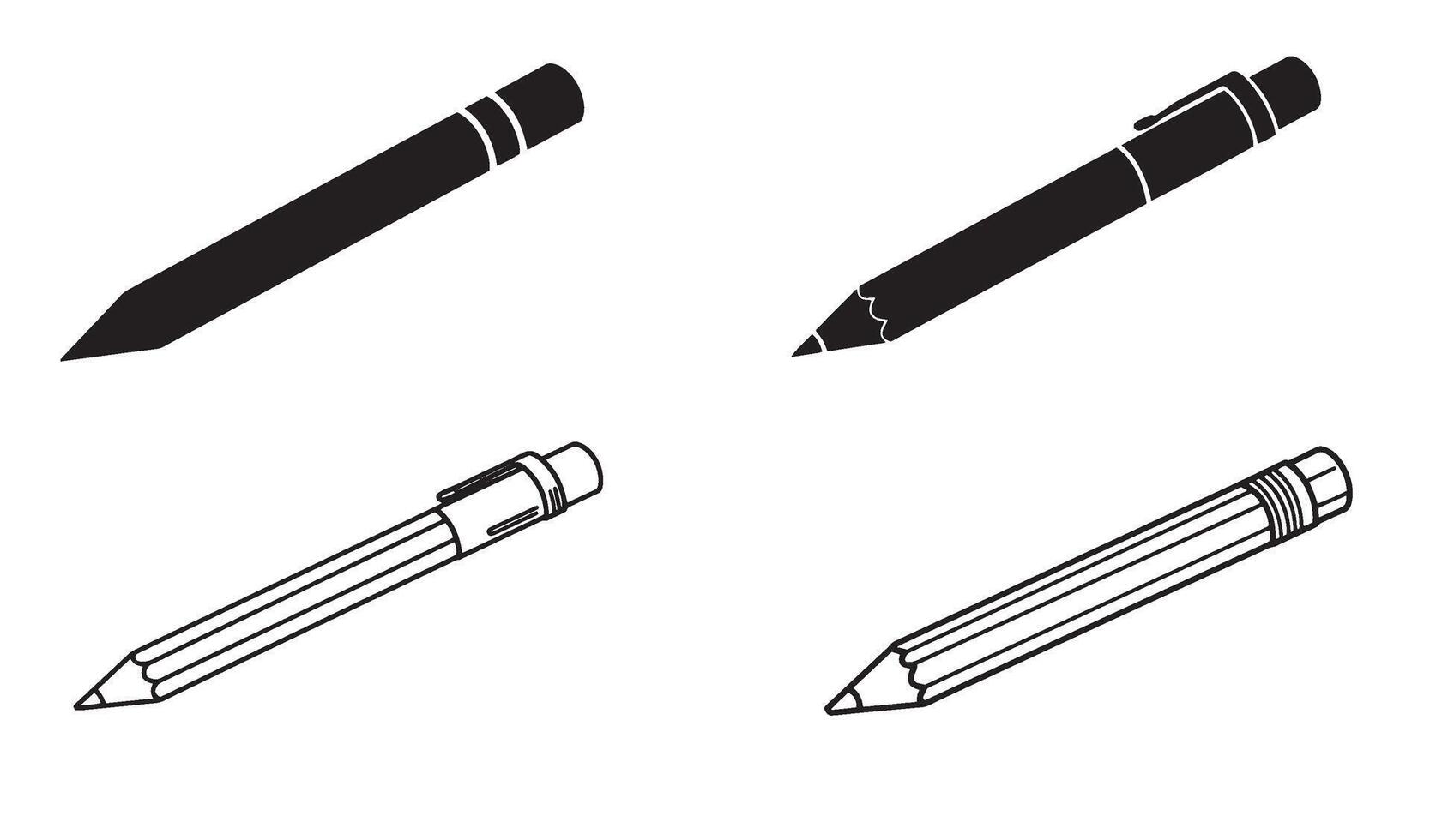 Pencil silhouette and out line art illustration 4 set design made for illustration designers creative project assets classroom visuals and writing icon packs vector