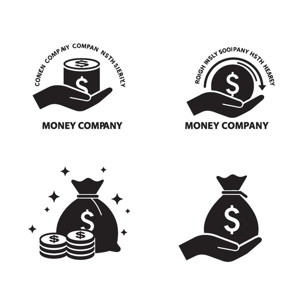 Dollar business company logo symbol silhouette illustration 4 set design showing clean money icons for banking software accounting firms and investment company design identity vector