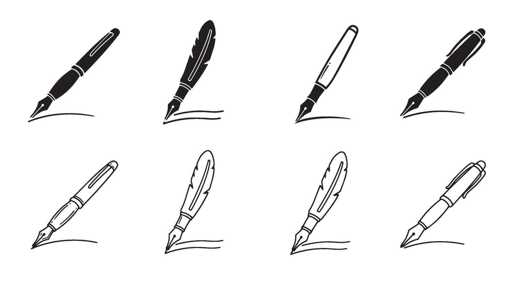 Premium quill and pen signature symbol set in silhouette illustration for office branding pack vector