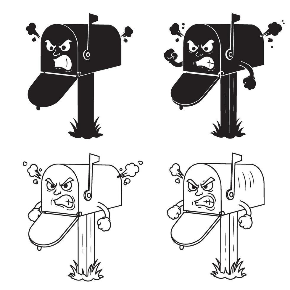 Angry and funny Mailbox silhouette and out line art illustration 4 set design showing creative mailbox expressions perfect for posters printable and logos vector