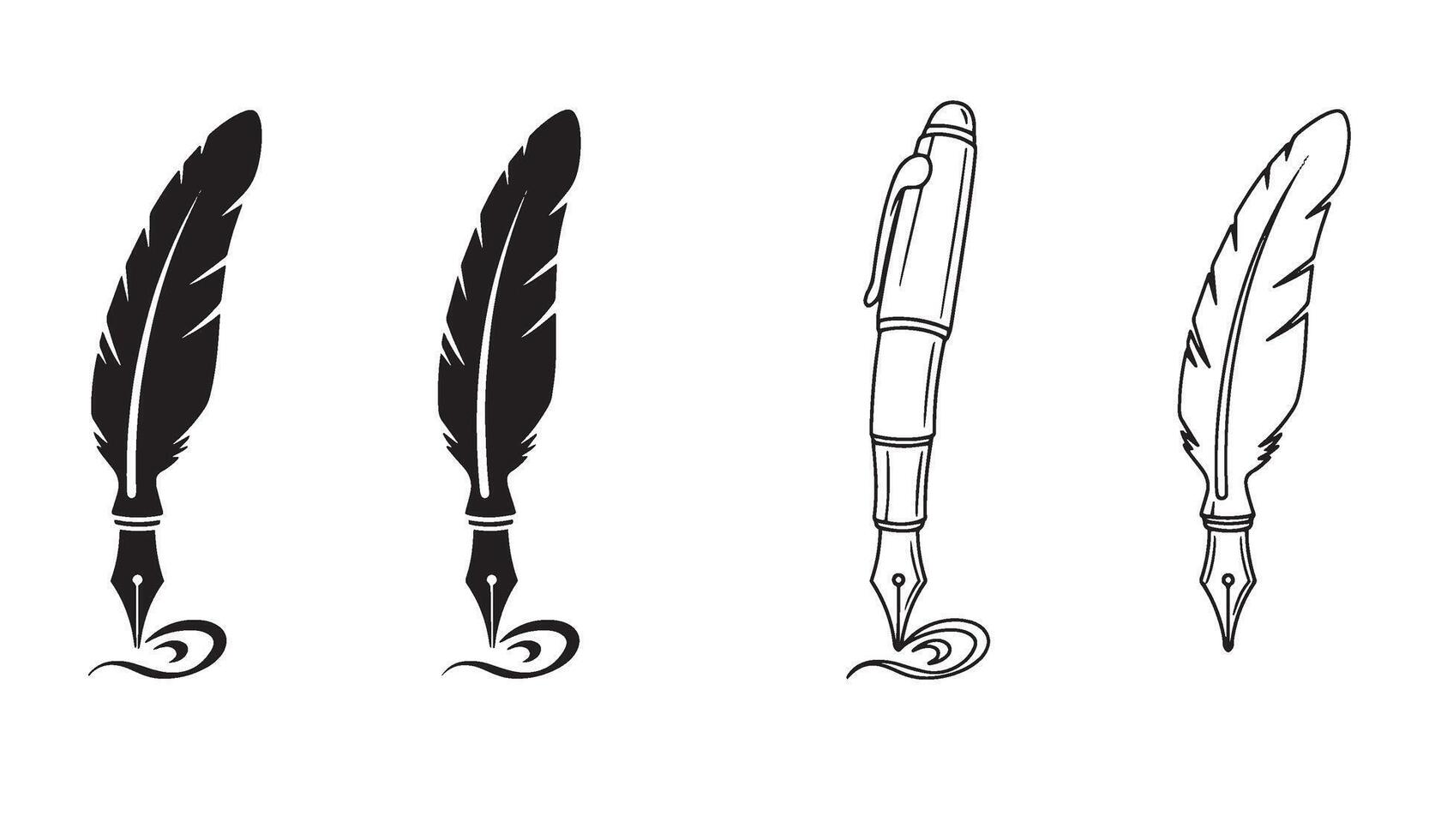 Feather quill pen logo symbol set silhouette design for signature brand and custom logo creator vector