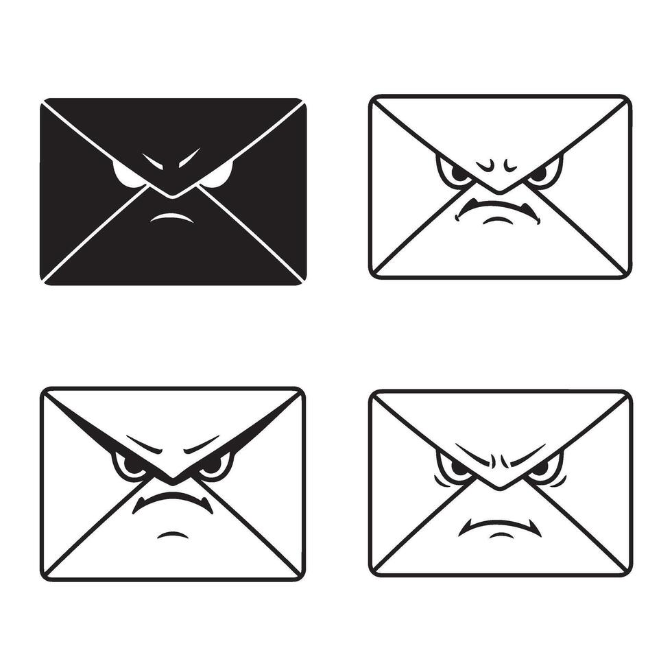 Funny angry and funny Envelope silhouette and out line art illustration 4 set design for mail branding paper craft icons and expressive illustrations vector