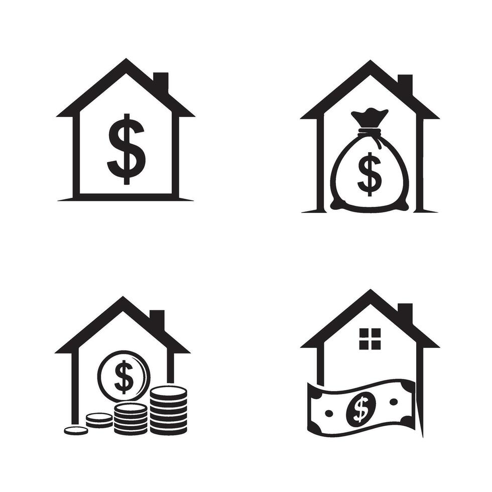 Modern dollar Home logo symbol silhouette illustration 4 set design with sleek style for real estate finance services mortgage planners and digital housing apps vector