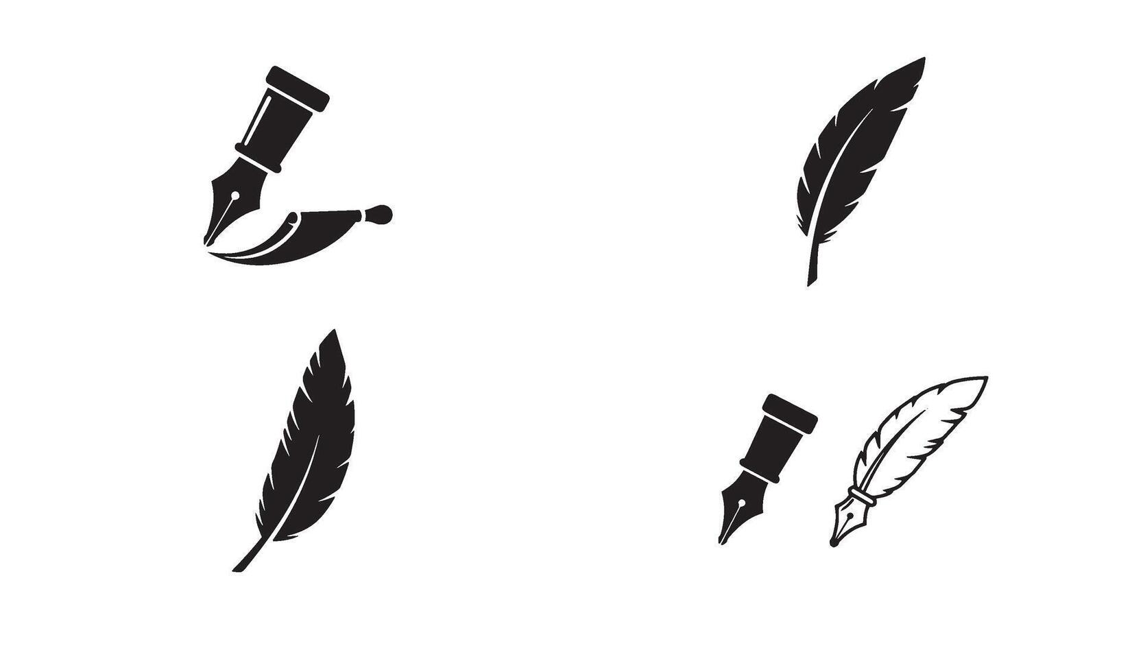 Hand drawn style pen and quill signature logo set in elegant line art for writing design business vector