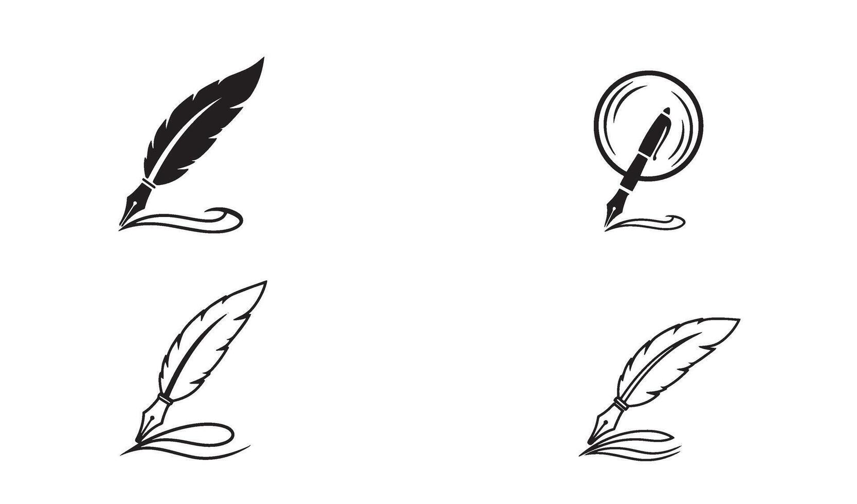 Signature logo design set with pen and quill symbol in elegant silhouette for branding identity vector